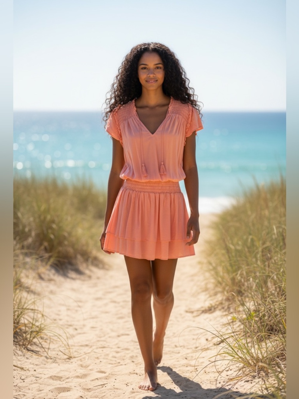 Paige Peach Short Sleeve V-Neck Tiered Mini Dress
